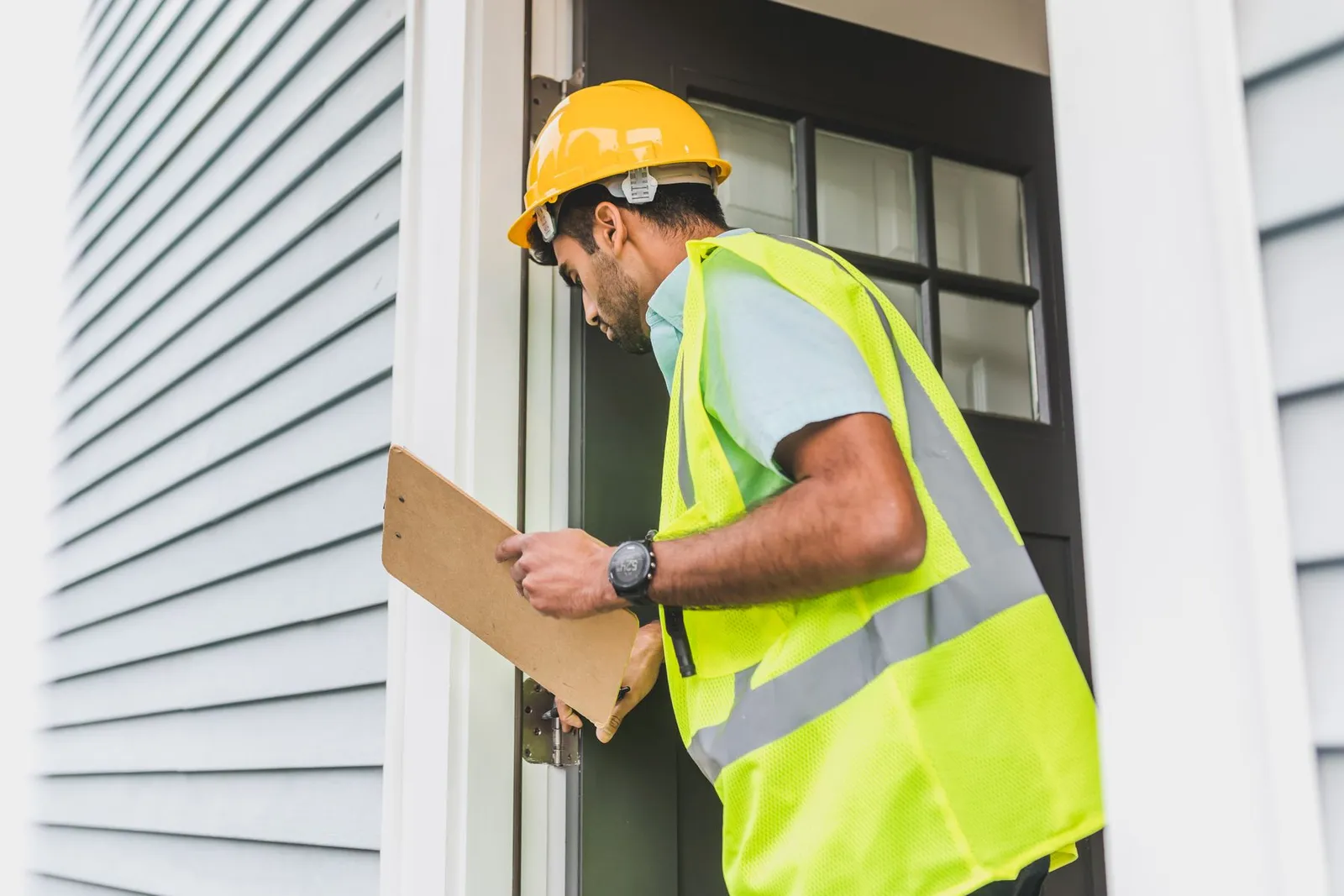 Inspector in a hard hat and safety vest holding a clipboard at the front door of a gray-sided house