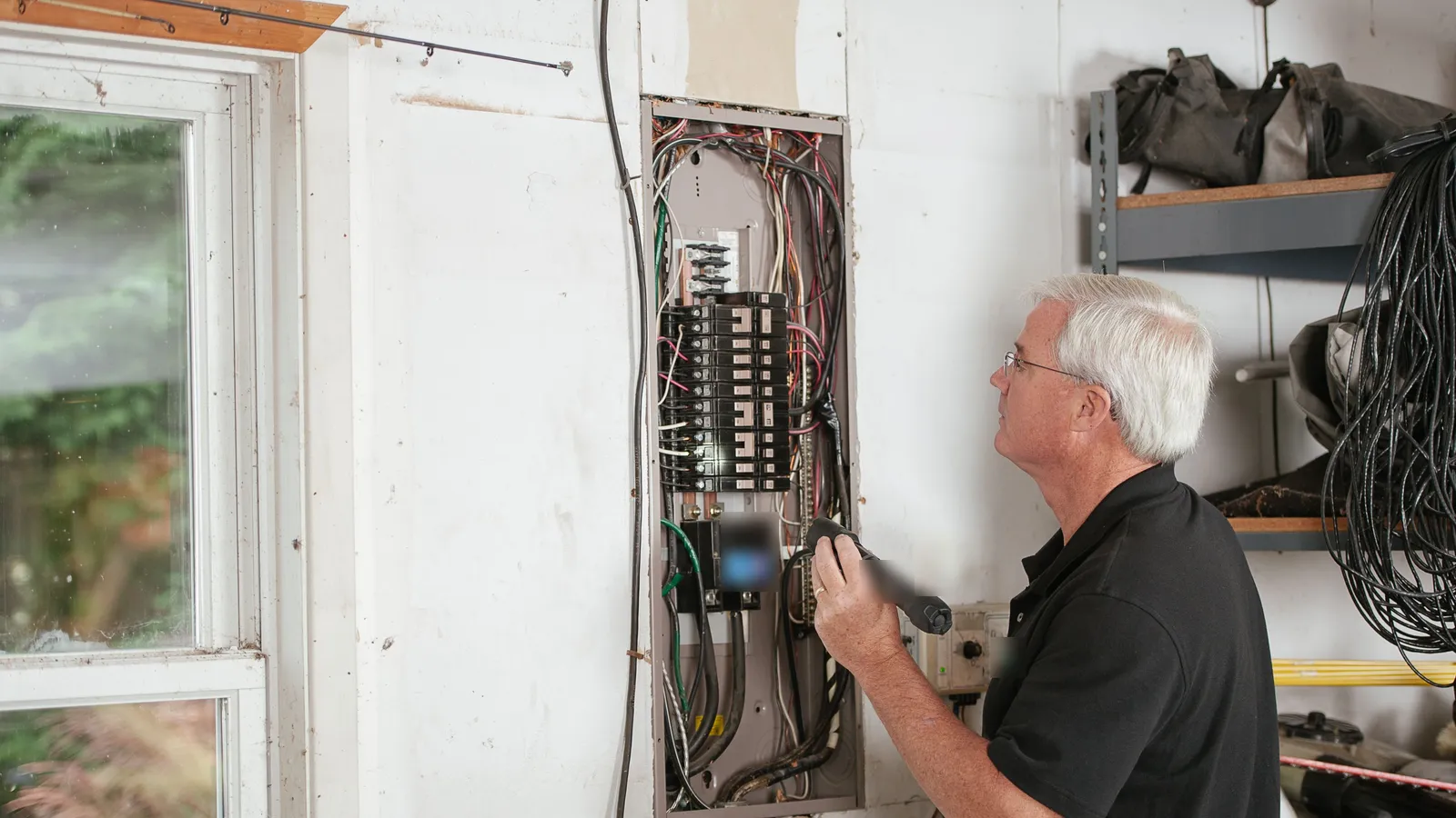 An electrician with a flashlight inspecting an open breaker panel on a garage wall